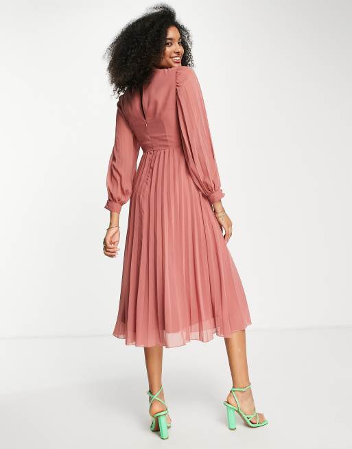 ASOS DESIGN high neck pleated long sleeve skater midi dress with embroidery  in dusky pink