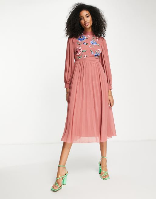 ASOS DESIGN high neck pleated long sleeve skater midi dress with embroidery  in dusky pink