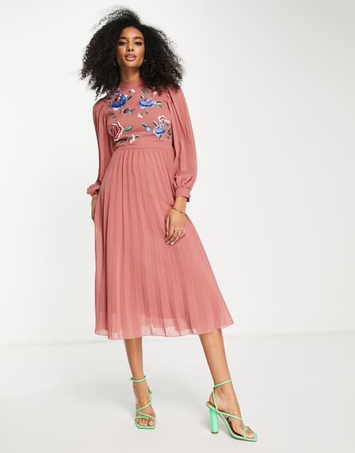 Asos pink pleated midi cheap dress