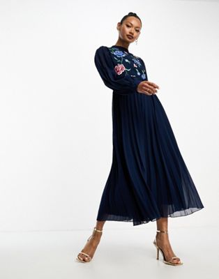 ASOS DESIGN high neck pleated long sleeve skater midi dress with embroidery in navy - ASOS Price Checker