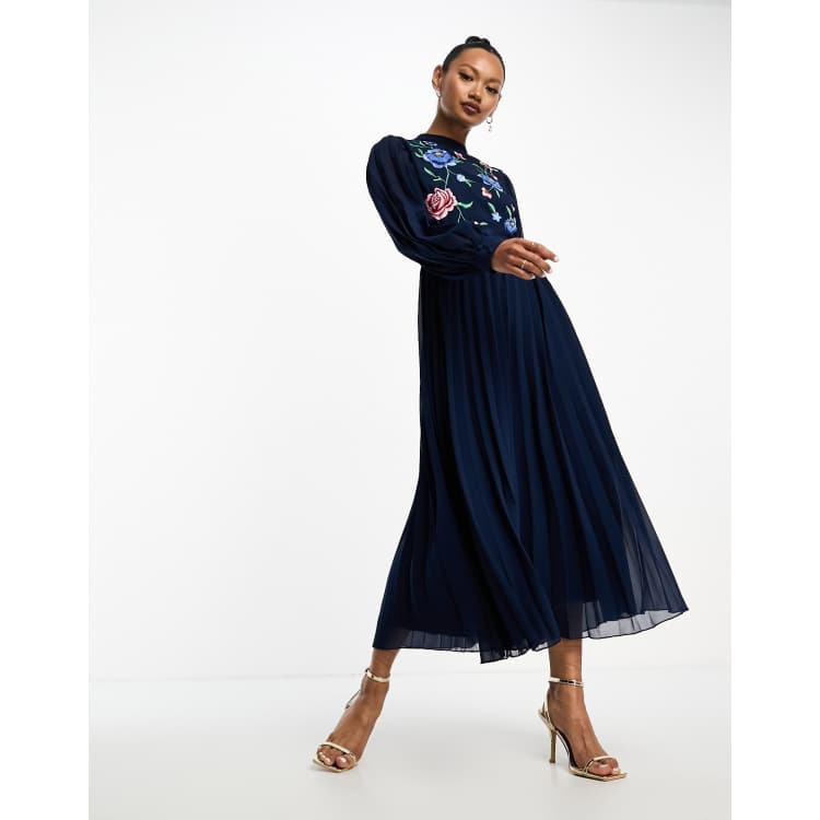 ASOS DESIGN high neck pleated long sleeve skater midi dress with embroidery  in navy