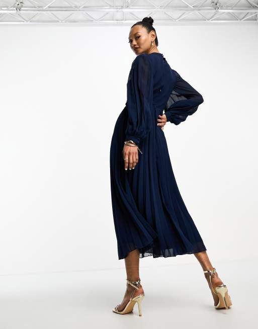 ASOS DESIGN high neck pleated long sleeve skater midi dress with embroidery  in navy