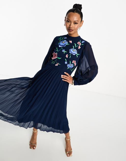 ASOS DESIGN high neck pleated long sleeve skater midi dress with embroidery in navy