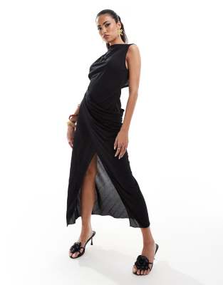 high neck pleated maxi dress with drape wrap skirt in black