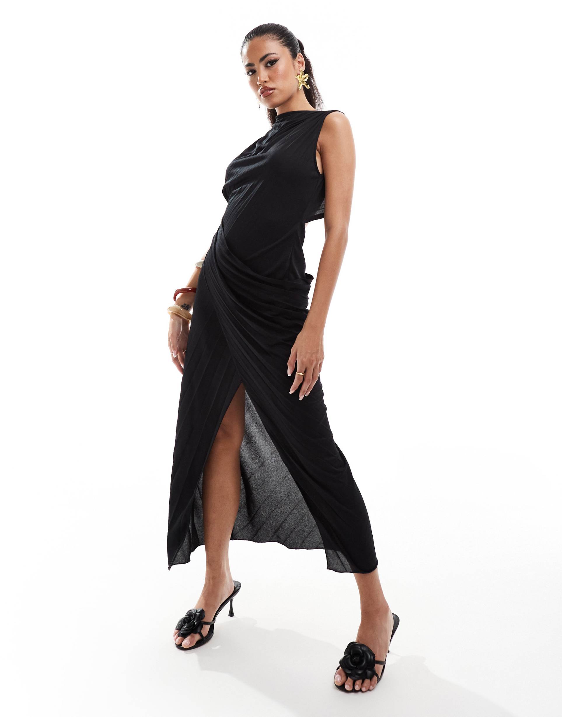 asos design high neck pleated maxi dress with drape wrap skirt in black