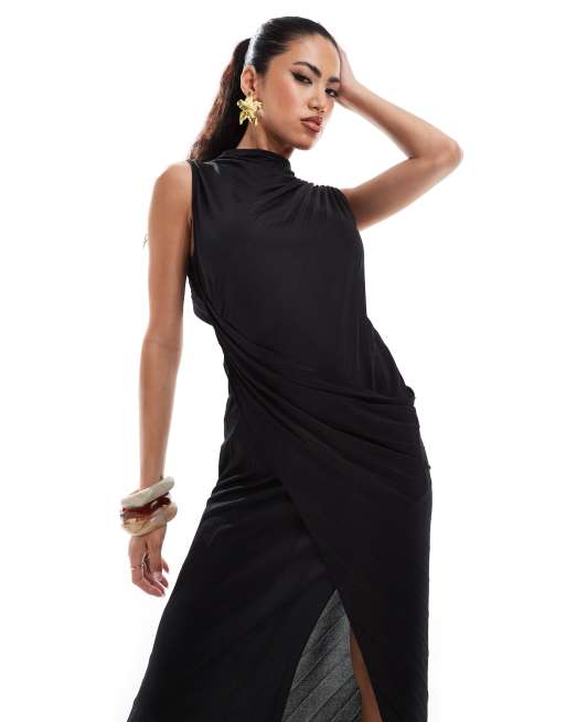 ASOS DESIGN high neck pleated maxi dress with drape wrap skirt in black