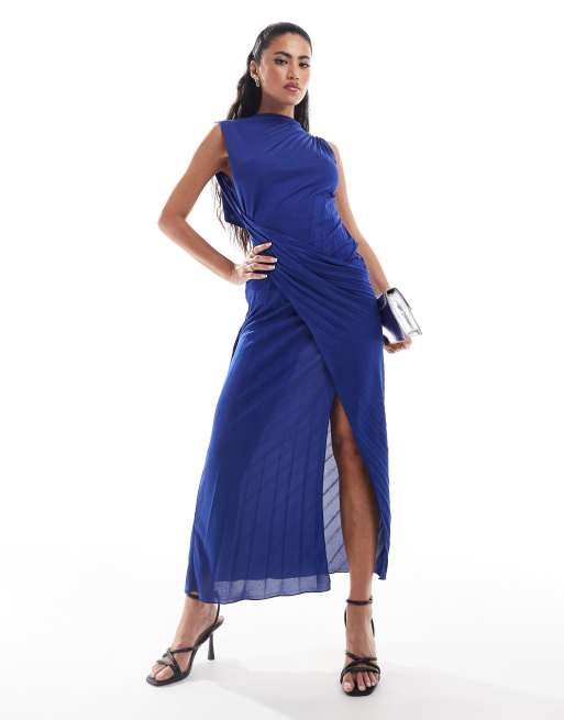 ASOS DESIGN high neck pleated maxi dress with drape wrap skirt in blue