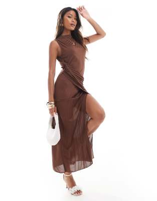 Asos Design High Neck Pleated Maxi Dress With Drape Wrap Skirt In Chocolate-brown