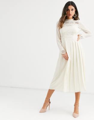 High neck white lace hot sale dress