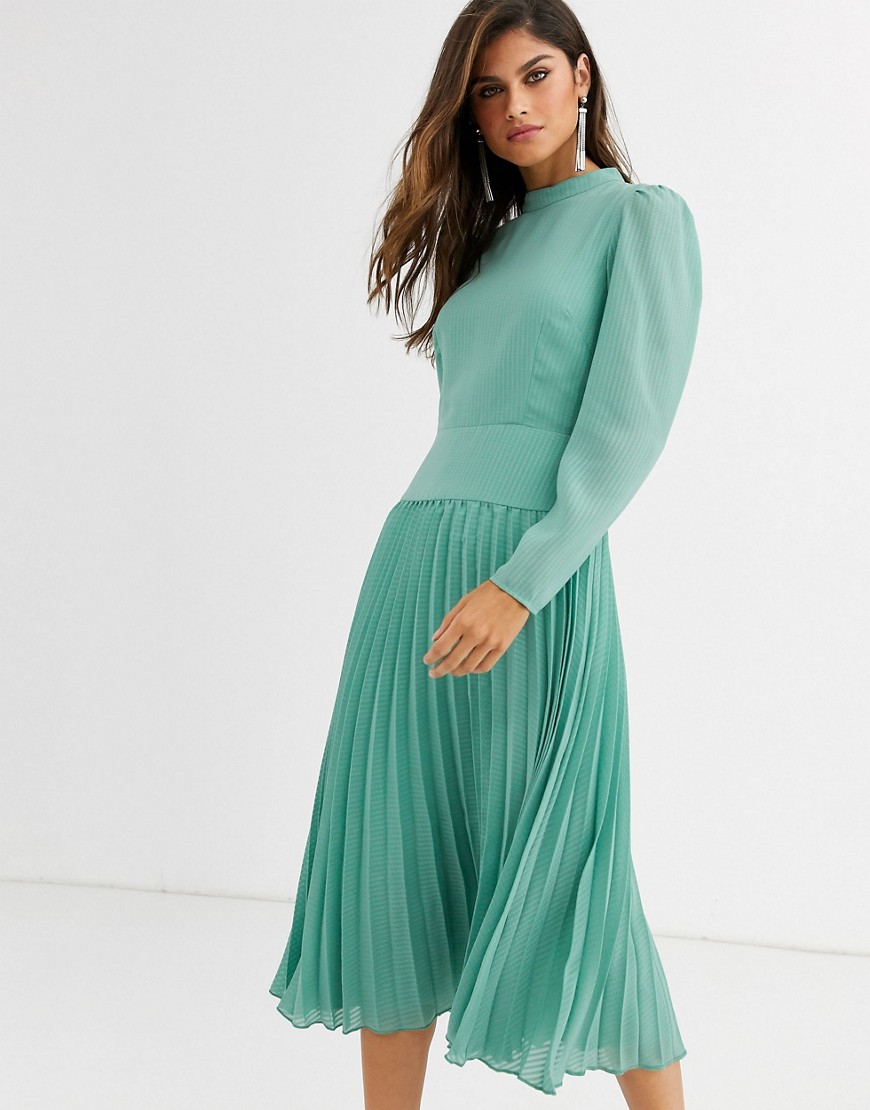 ASOS DESIGN high neck pleated midi dress with long sleeves in sage green