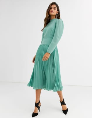 asos design high neck pleated midi dress