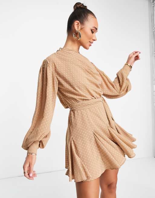 ASOS DESIGN grown on neck mini dress with ruched sides in stone