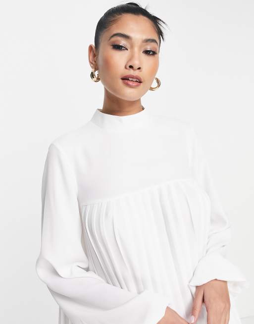 ASOS DESIGN high neck pleated trapeze mini dress in ivory