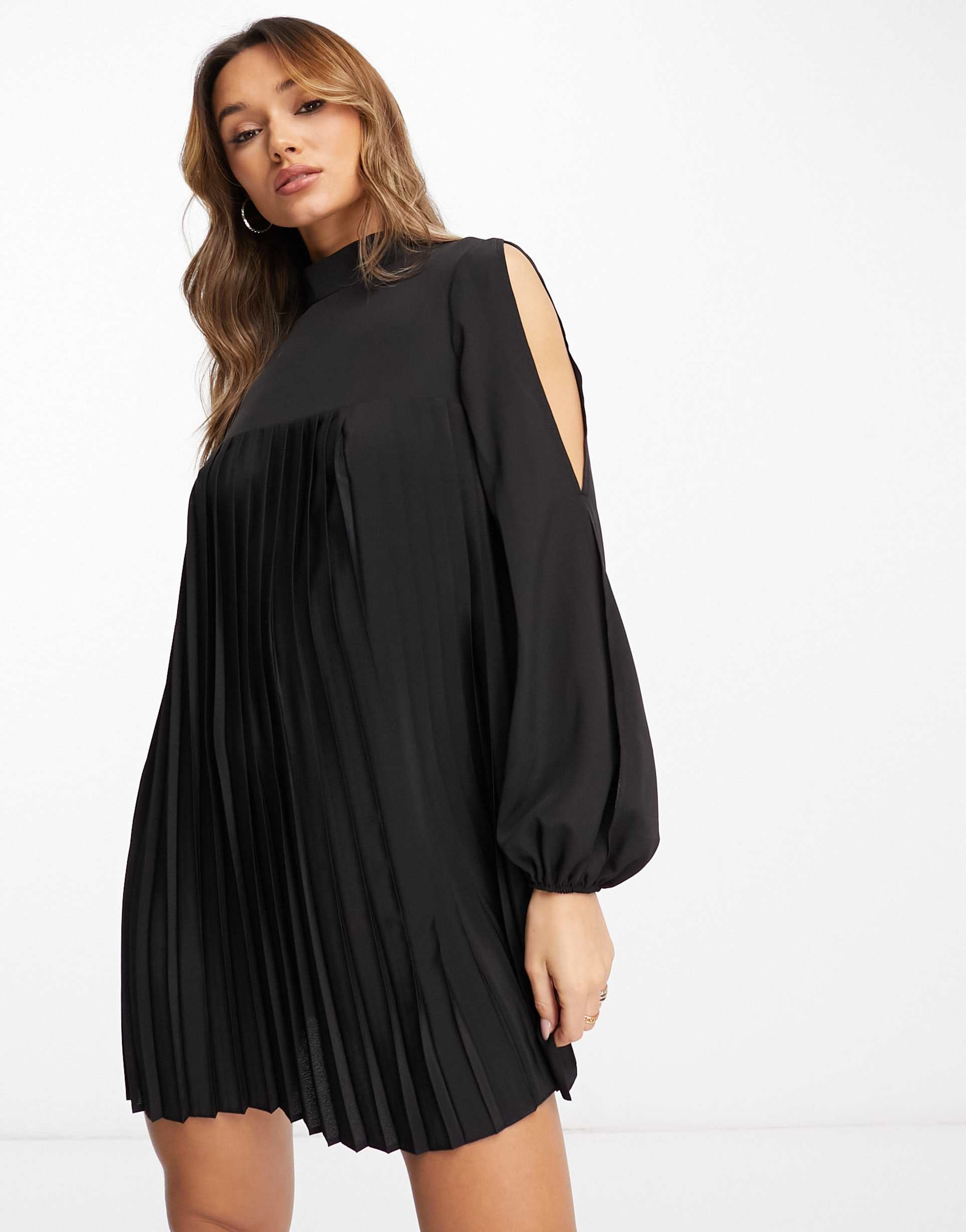 asos design high neck pleated trapeze mini dress with split sleeves in black