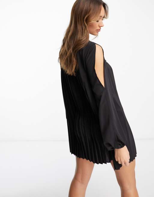 ASOS DESIGN high neck pleated trapeze mini dress with split sleeves in black