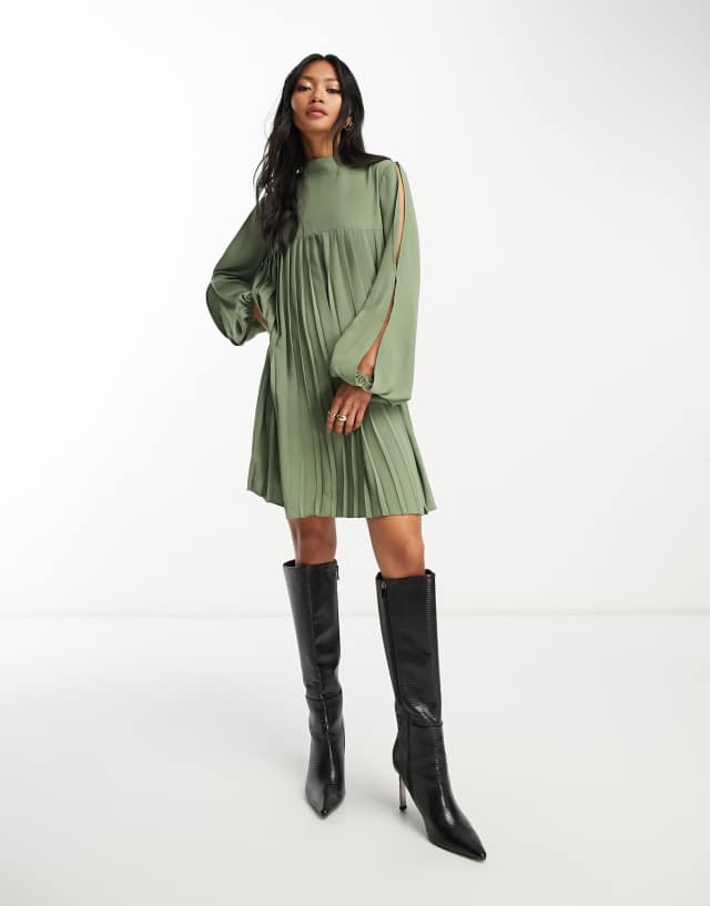 ASOS DESIGN high neck pleated trapeze mini dress with split sleeves in khaki