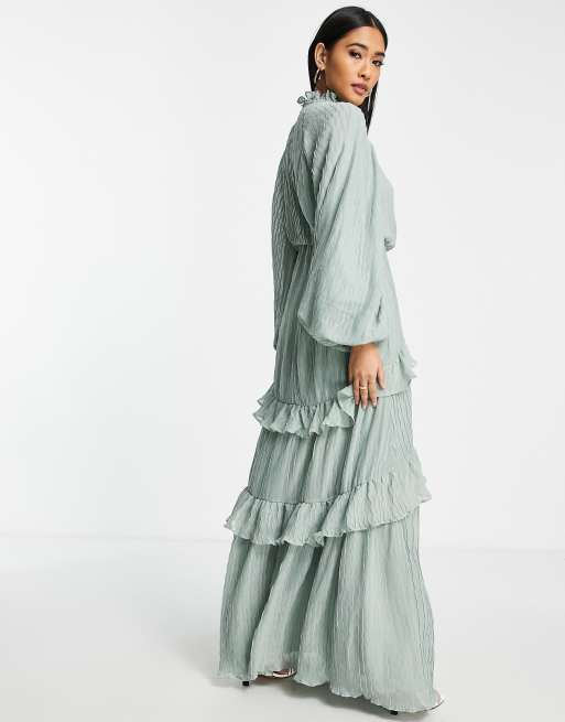 ASOS DESIGN high neck plisse maxi dress with tiered skirt in blue, 3 of 4