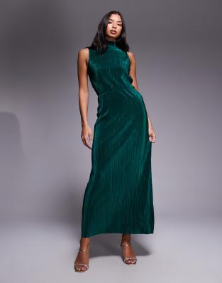 Asos Design High Neck Plissé Maxi Dress-green