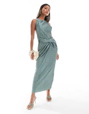 ASOS DESIGN high neck plisse midi dress with twist back detail in green