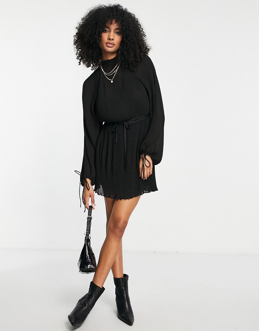 Shop Asos Design High Neck Plisse Mini Dress With Blouson Sleeve And Tie Detail-black