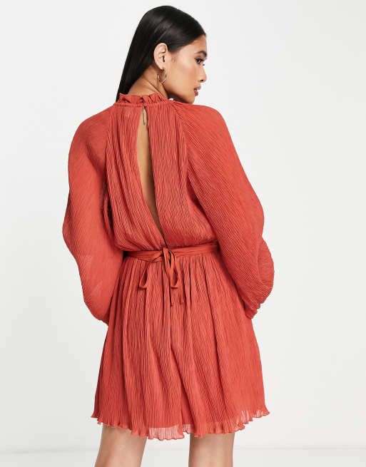 Asos design plisse high neck balloon hot sale sleeve open back midi dress