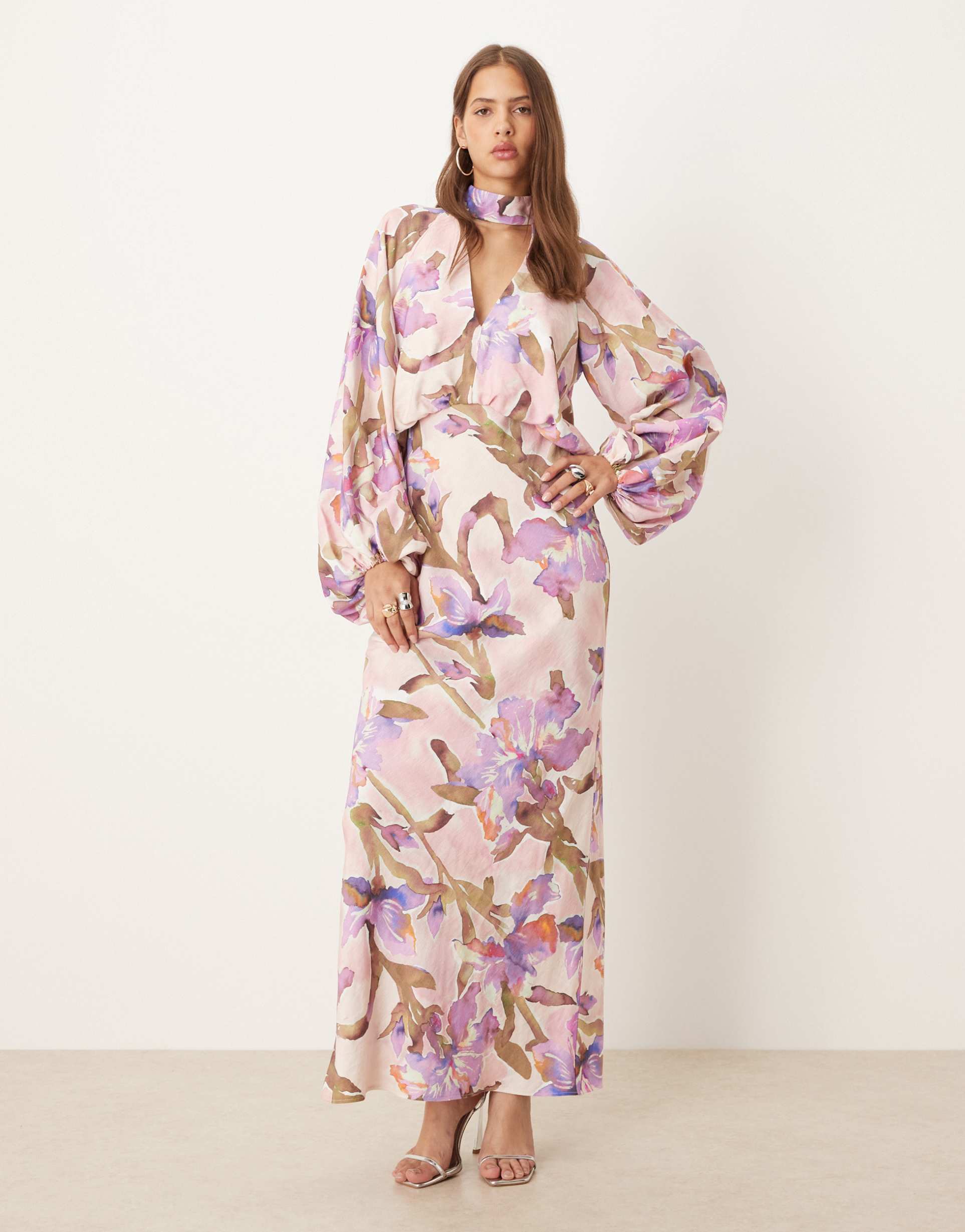 asos design high neck plunge maxi dress with blouson sleeves in lilac watercolor floral print