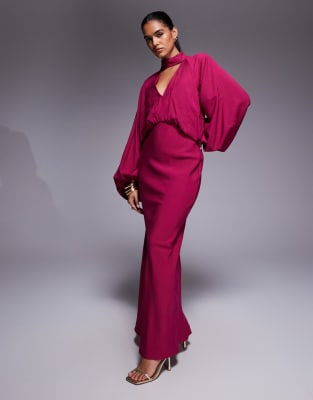 ASOS DESIGN high neck plunge maxi dress with blouson sleeves in raspberry-pink