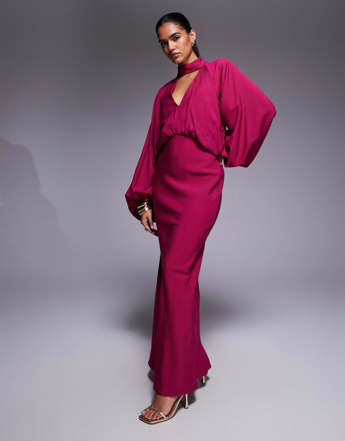 ASOS DESIGN high neck plunge maxi dress with blouson sleeves in raspberry