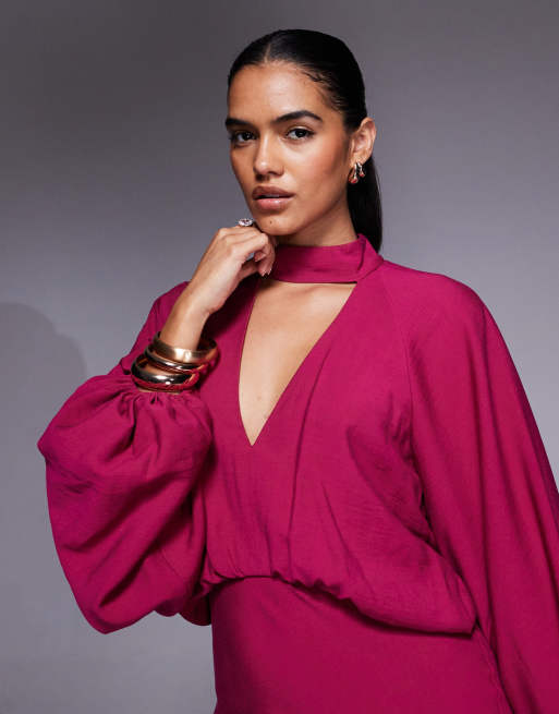ASOS DESIGN high neck plunge maxi dress with blouson sleeves in raspberry