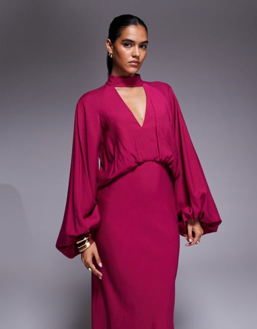 ASOS DESIGN high neck plunge maxi dress with blouson sleeves in raspberry