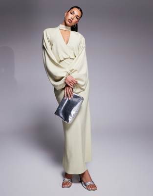 Asos Design High Neck Plunge Maxi Dress With Blouson Sleeves In Soft Green