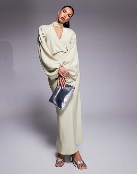 ASOS DESIGN high neck plunge maxi dress with blouson sleeves in soft green