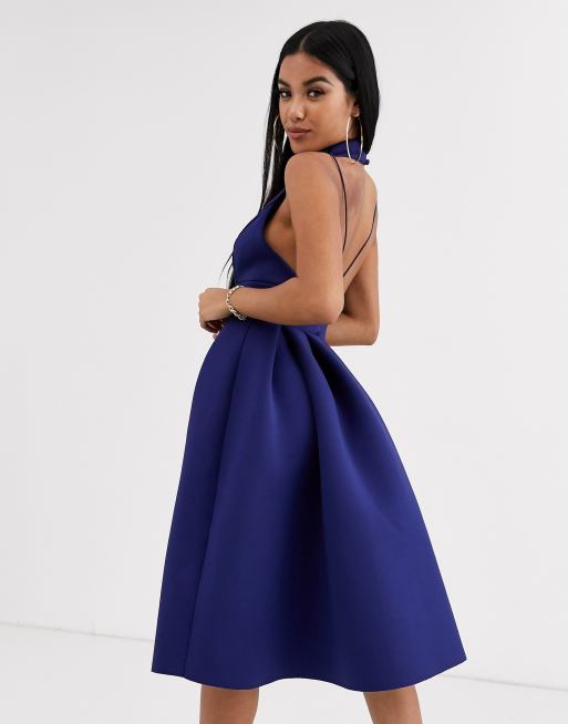 ASOS DESIGN high neck plunge midi formal dress with strappy back detail in navy