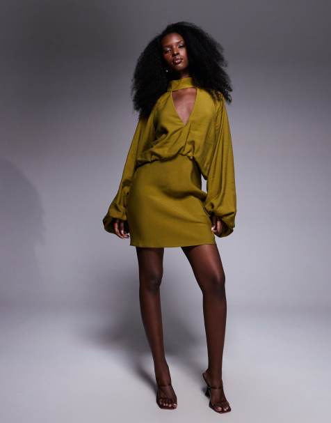 ASOS DESIGN high neck plunge mini dress with blouson sleeves in khaki - view 1
