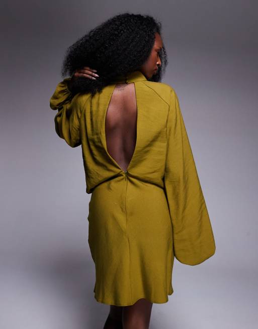ASOS DESIGN high neck plunge mini dress with blouson sleeves in khaki, 2 of 4