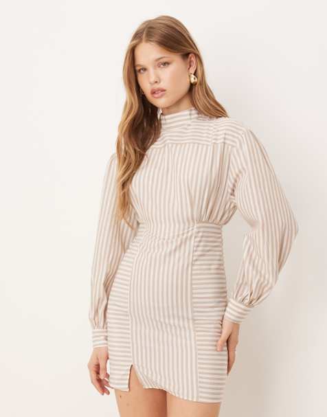 ASOS DESIGN high neck poplin mini dress with pleated waist in stripe print - view 1