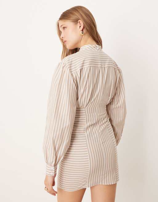 ASOS DESIGN high neck poplin mini dress with pleated waist in stripe print, 2 of 4