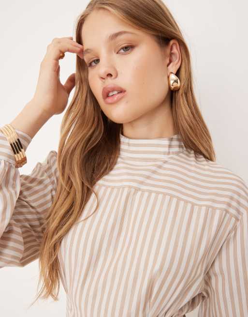 ASOS DESIGN high neck poplin mini dress with pleated waist in stripe print, 3 of 4