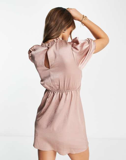 ASOS DESIGN high neck puff sleeve mini satin dress in light pink