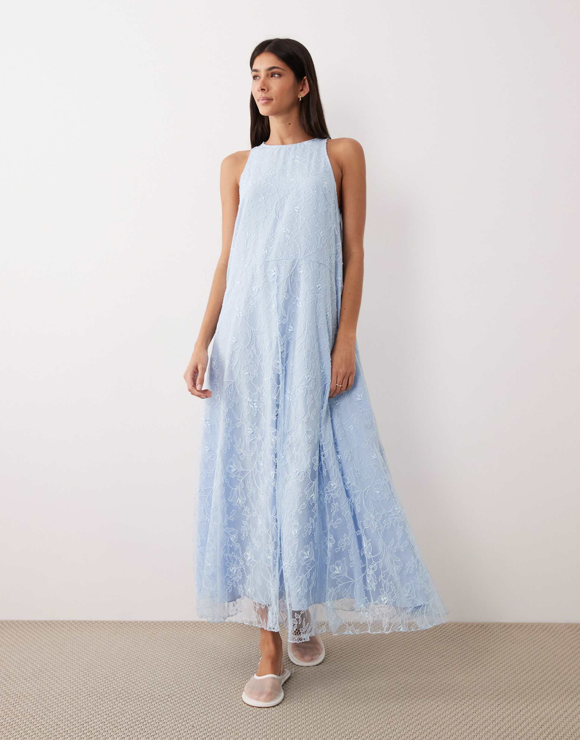 asos design high neck racer lace maxi dress in baby blue