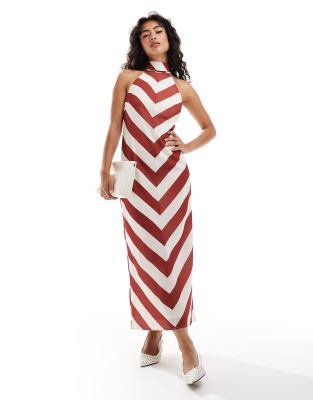 ASOS DESIGN high neck racer midi dress in burgundy stripe-Multi