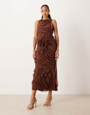 Asos Design High Neck Raw Edge Ruffle Maxi Dress With Lace Inserts In Brown