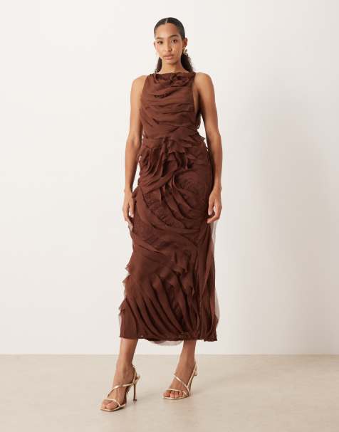 ASOS DESIGN high neck raw edge ruffle maxi dress with lace inserts in chocolate - view 1