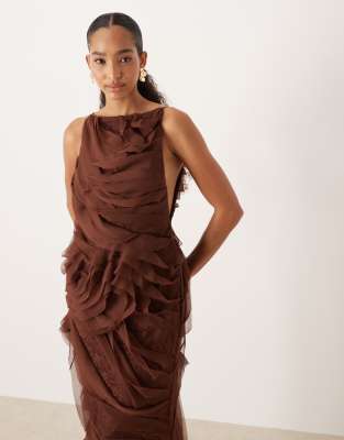 Asos Design High Neck Raw Edge Ruffle Maxi Dress With Lace Inserts In Brown
