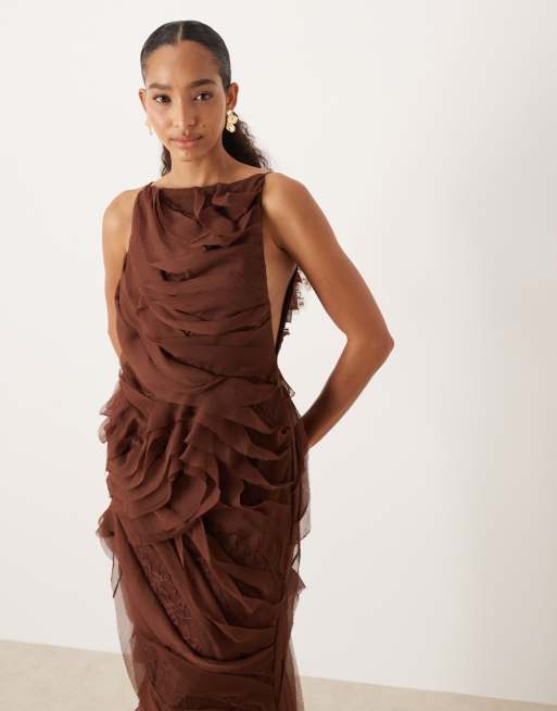 ASOS DESIGN high neck raw edge ruffle maxi dress with lace inserts in chocolate, 2 of 4