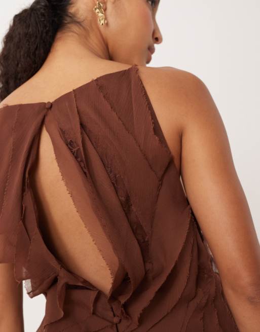 ASOS DESIGN high neck raw edge ruffle maxi dress with lace inserts in chocolate, 3 of 4