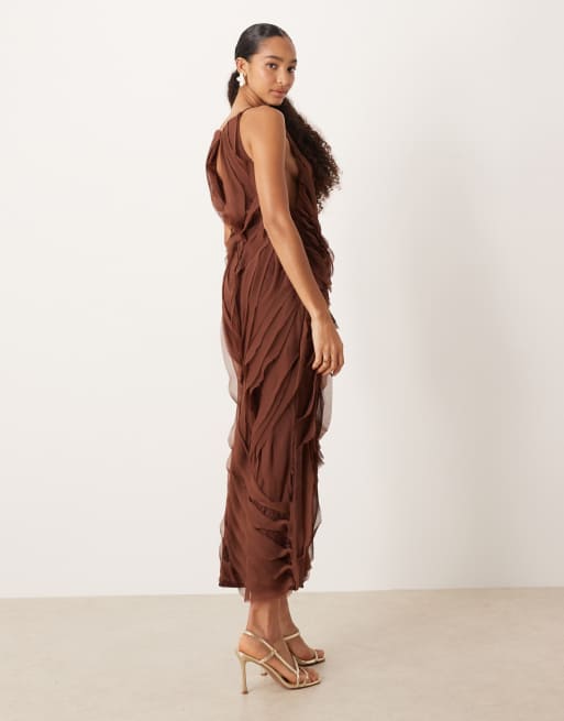 ASOS DESIGN high neck raw edge ruffle maxi dress with lace inserts in chocolate, 4 of 4