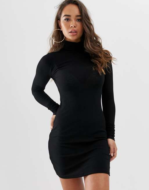 Black high neck 2024 ribbed bodycon dress