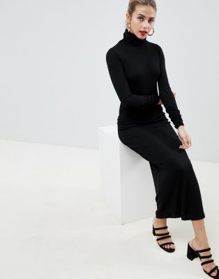 high neck rib maxi dress with long sleeves