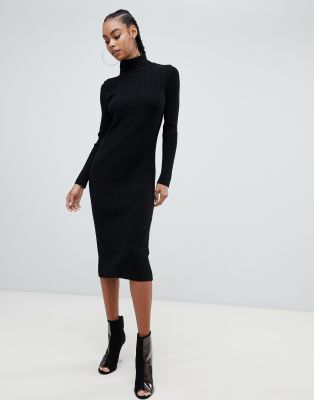 high neck ribbed midi dress